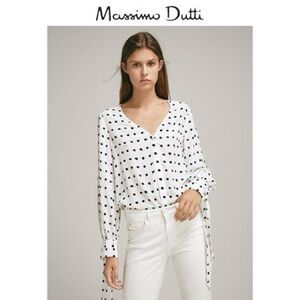 Massimo Dutti Two-tone Print Blouse with Ties Dot Print V-neck Top Shirt